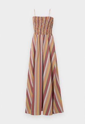 Strapless maxi dress with a smocked bodice, featuring vertical multicolored stripes in yellow, orange, blue, and red tones. Smooth fabric texture.