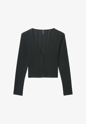 Schwarzer, kurz geschnittener Cardigan mit langen Ärmeln, V-Ausschnitt und Knopfverschluss. Verfügt über eine gerippte Struktur mit vertikalen Linien.