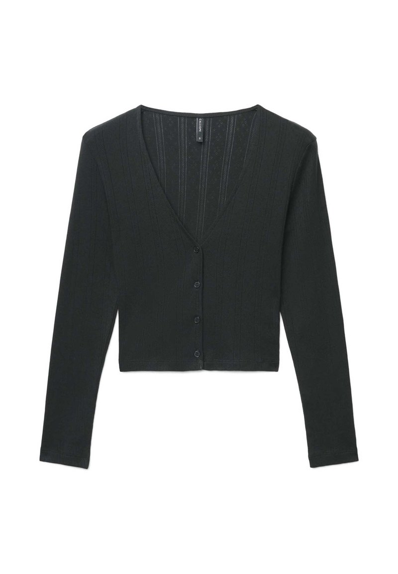 Schwarzer, kurz geschnittener Cardigan mit langen Ärmeln, V-Ausschnitt und Knopfverschluss. Verfügt über eine gerippte Struktur mit vertikalen Linien.