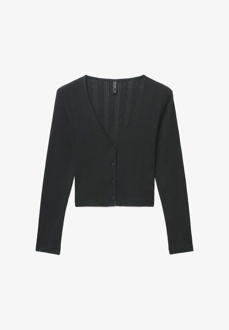Schwarzer, kurz geschnittener Cardigan mit langen Ärmeln, V-Ausschnitt und Knopfverschluss. Verfügt über eine gerippte Struktur mit vertikalen Linien.