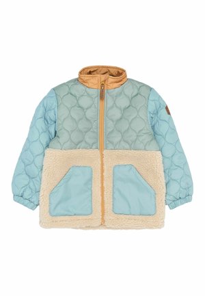 Giacca trapuntata con parte superiore azzurro chiaro, colletto marrone chiaro e sezione inferiore in pile beige. Presenta due tasche anteriori e una cerniera dorata.