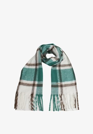 Sciarpa a quadri verde e bianca con dettagli marroni, bordi frangiati, realizzata in materiale morbido e dal design leggero.