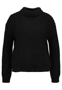 Pull en tricot noir avec un col montant, présentant des motifs texturés, des poignets côtelés et une coupe ample. Conçu pour la chaleur et le confort.