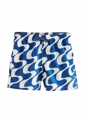 Shorts de baie albastre și albe cu un model ondulat, fabricate din material ușor. Prezintă o talie elastică și un șnur pentru ajustare.