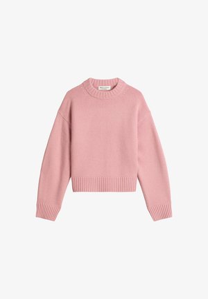 Rosa gestrickter Pullover mit Rundhalsausschnitt, überschnittenen Schultern und gerippten Bündchen und Saum. Weicher Stoff und kurzer Schnitt.