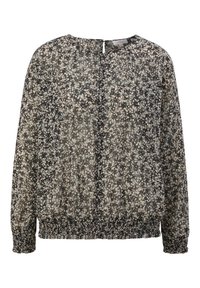 Schwarz- und cremefarbige Bluse mit floralem Muster aus transparentem Stoff, elastischem Bund und Bündchen, runder Halslinie und Schlüsselaugen-Detail im Rücken.