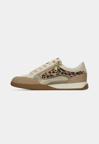 Beige sneakers with leopard print accents, gold hardware, and a textured suede finish. Features a side zipper and a rubber sole.