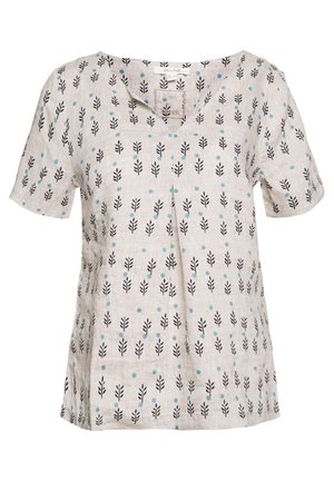 Blouse beige à manches courtes avec motifs de feuilles noires et points bleus, dotée d'un col en V et d'un pli central à l'avant.
