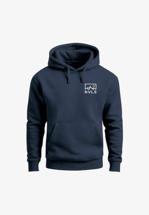 Marineblauer Hoodie mit Kängurutasche vorne, verstellbarer Kordelzugkapuze und gesticktem "NVLS"-Logo. Hergestellt aus weichem Stoff mit glatter Textur.