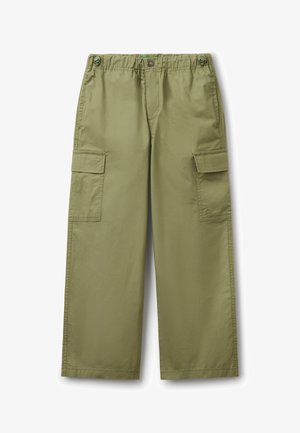 Cargo-Hosen in Olivgrün; aus Baumwolle, mit lockerer Passform, elastischem Bund und seitlichen Cargo-Taschen mit Klappenverschluss.