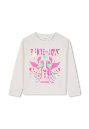 Witte lange mouwen overhemd met roze en groene vogels, hartvormen en "Share the Love" tekst in roze en goud aan de voorkant.