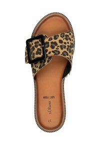 Leopard print slide sandal with a wide strap, featuring a black square buckle, textured brown insole, and contrast stitching along the sole's edge.