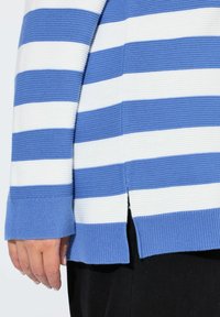 Gestreifter Pullover in Blau- und Weißtönen, mit gerippter Textur, seitlichen Schlitzen und langen Ärmeln, die einen kontrastierenden Bündchen aufweisen.