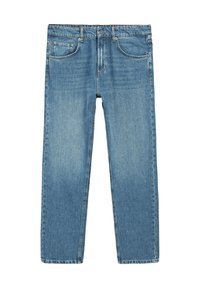 Jeans in denim azzurro chiaro con taglio dritto, design a cinque tasche e leggera sfumatura. Presentano una chiusura con bottone e zip in vita.