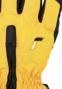 Yellow glove with black accents, featuring a zippered opening and an embroidered logo. Material is smooth, with a textured interior.