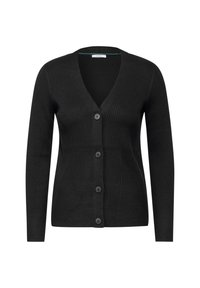 Schwarze Strickjacke aus geripptem Material mit V-Ausschnitt, langen Ärmeln und fünf Knöpfen vorne.