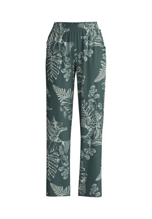 Groene broek met een patroon van witte bloemen en varens, met een elastische tailleband en zijzakken, gemaakt van lichtgewicht stof.