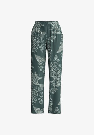 Pantaloni verdi con motivo floreale e felce bianchi, dotati di una vita elastica e tasche laterali, realizzati in tessuto leggero.