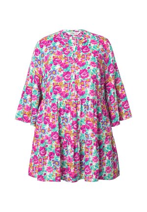 Blumenkleid mit geknöpftem Ausschnitt, verziert mit rosa, lila und türkisfarbenen Blumen auf weißem Hintergrund. Lockere Passform mit ausgestellten Ärmeln.