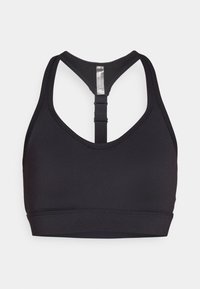 Soutien-gorge de sport noir avec un design dos nageur, fabriqué en tissu extensible avec des coutures plates et une fermeture à crochet à l'arrière.