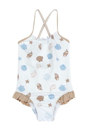 Maillot de bain une pièce blanc avec imprimé coquillages et étoiles de mer en bleu et marron. Comprend des bretelles croisées dans le dos et un ourlet à volants rayé.