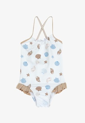 Maillot de bain une pièce blanc avec imprimé coquillages et étoiles de mer en bleu et marron. Comprend des bretelles croisées dans le dos et un ourlet à volants rayé.