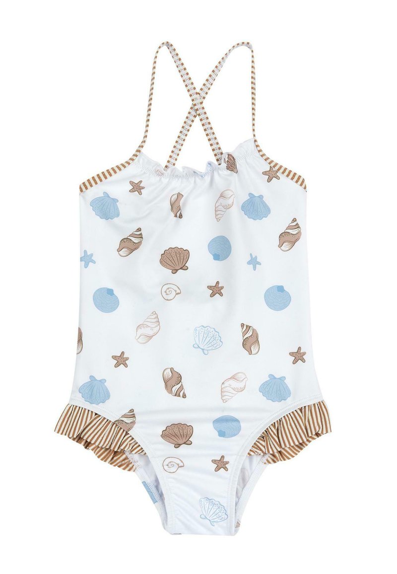 Maillot de bain une pièce blanc avec imprimé coquillages et étoiles de mer en bleu et marron. Comprend des bretelles croisées dans le dos et un ourlet à volants rayé.