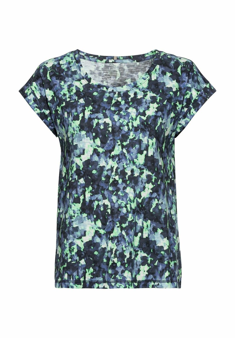 Camiseta de manga corta con estampado floral en tonos de azul marino, verde y azul claro. Tela ligera con un corte holgado y escote redondo.