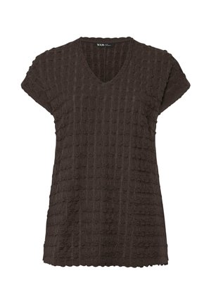 Dark brown short-sleeve textured knit top with V-neck and scalloped hem, featuring a subtle raised square pattern.