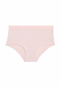 Růžové bavlněné trenýrky s bílými puntíky, měkký pas a hladký povrch. Vyznačují se středním střihem a plným zakrytím.