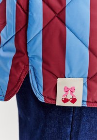 Prošívaná bunda s vertikálními pruhy v červené a modré barvě. Obsahuje nášivku se sladkou růžovou mašlí a červenými srdíčky, texturovanou tkaninu a zaoblené okraje.