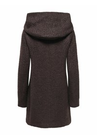 Manteau en laine texturé brun foncé avec manches longues et large col drapé, vu de dos sur fond blanc.