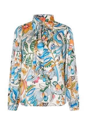 Langærmet bluse med høj krave og sløjfe-detalje, prydet med et blomstermønster i blå, orange og grøn på en lys baggrund.