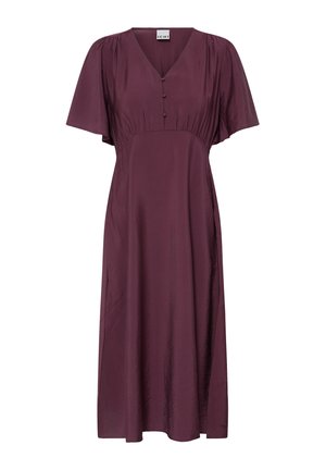 Robe prune mi-longue avec col en V, manches courtes bouffantes, trois boutons recouverts de tissu sur le corsage avant et détail taille froncée.