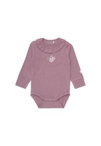 Bodysuit à manches longues pour bébé en coton lavande doux, présentant un col à volants et un imprimé floral aux couleurs pastel. Fermetures à pression en bas.
