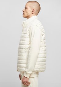 Valge tihenõustusega vest tikitud mustriga, kõrge krae ja külgedel tõmblukuga taskud. Kerge materjal, sobitatud ühes toonis kreemja dressipluusiga.