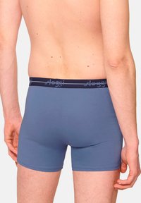 Blå bomullsboxershorts med en svart midjeband som har logotypen "sloggi," visade bakifrån. Tyget ser slätt och åtsittande ut.