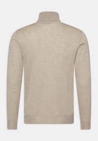Beige pullover med høj krave, lange ærmer og en blød tekstur. Har et simpelt, sømløst design uden mønstre eller accenter.