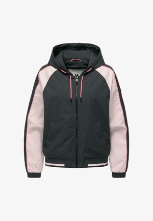 Svart hettejakke med lyserosa ermer, rosa snorer, glidelås foran, elastiske mansjetter og sidelommer.