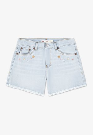 Hellblaue Jeansshorts mit ausgefranstem Saum, fünf Taschen und bestickten Blumentmotiven in Pastellfarben auf der Vorderseite.