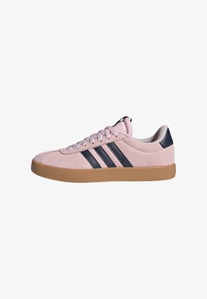 Light pink suede sneakers with navy stripes, gum rubber sole, and pink laces. Rounded toe and cushioned collar for comfort.