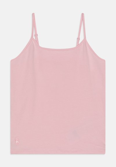Camiseta de tirantes finos en color rosa, hecha de algodón suave. Presenta un diseño de corte recto y un pequeño logo bordado en el dobladillo.