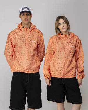 Orange patterned jackets with square designs feature hoods and elastic cuffs, paired with black shorts. Jackets have front zippers and logos.