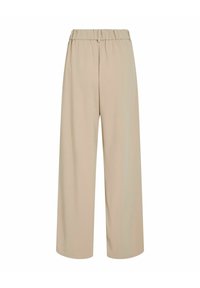Pantaloni beige a gamba larga con vita elastica e passanti per cintura, realizzati in tessuto morbido, esposti su uno sfondo bianco.