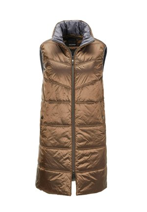 Braune gepolsterte Weste mit hohem Kragen, Reißverschluss und Steppmuster. Innen ist grauer Stoff, der seitliche Druckknopfverschlüsse aufweist.