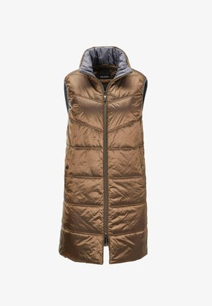 Braune gepolsterte Weste mit hohem Kragen, Reißverschluss und Steppmuster. Innen ist grauer Stoff, der seitliche Druckknopfverschlüsse aufweist.