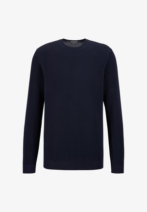 Dunkelblauer Strickpullover mit Rundhalsausschnitt, langen Ärmeln, strukturierter Stoff und gerippten Bündchen und Saum. Einfaches und klassisches Design.