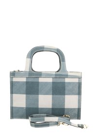Borsa a mano in tessuto a quadretti blu e bianchi, con due manici corti, una tracolla removibile e una chiusura a zip sulla parte superiore.