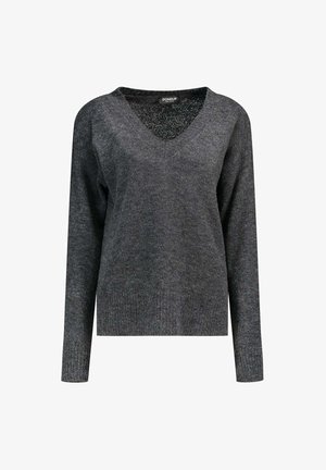 Maglione grigio lavorato a maglia con scollo a V, maniche lunghe e vestibilità comoda. Il tessuto presenta una texture sottile e un aspetto morbido.