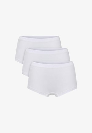 Τρία απλά λευκά αρχεία εσωρούχων στυλ boyshort τοποθετημένα σε εναλλασσόμενη σειρά σε λευκό φόντο.